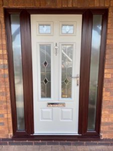 Composite Endurance door "Bowmont" in pearl grey and rosewood frame with fabian glass